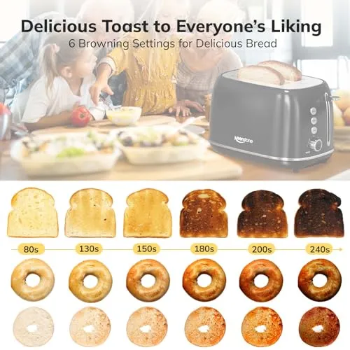 2 Slice Toaster Retro Stainless Steel Toaster with Bagel, Cancel, Defrost Function and 6 Bread Shade Settings Bread Toaster, Extra Wide Slot and Removable Crumb Tray (Black)