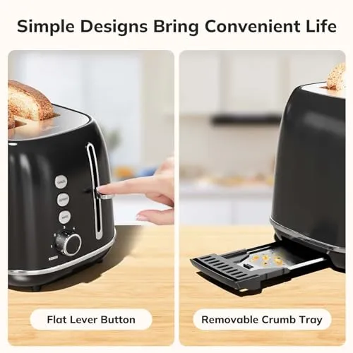 2 Slice Toaster Retro Stainless Steel Toaster with Bagel, Cancel, Defrost Function and 6 Bread Shade Settings Bread Toaster, Extra Wide Slot and Removable Crumb Tray (Black)