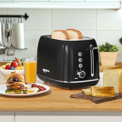 2 Slice Toaster Retro Stainless Steel Toaster with Bagel, Cancel, Defrost Function and 6 Bread Shade Settings Bread Toaster, Extra Wide Slot and Removable Crumb Tray (Black)