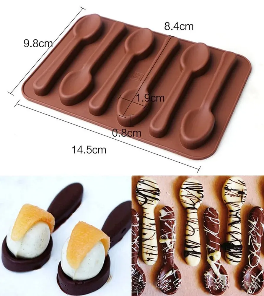 3D 6 Cavity Spoon Silicone Chocolate Mould Brown DIY Baking C Tools Ice Cream Tray Cube Cake