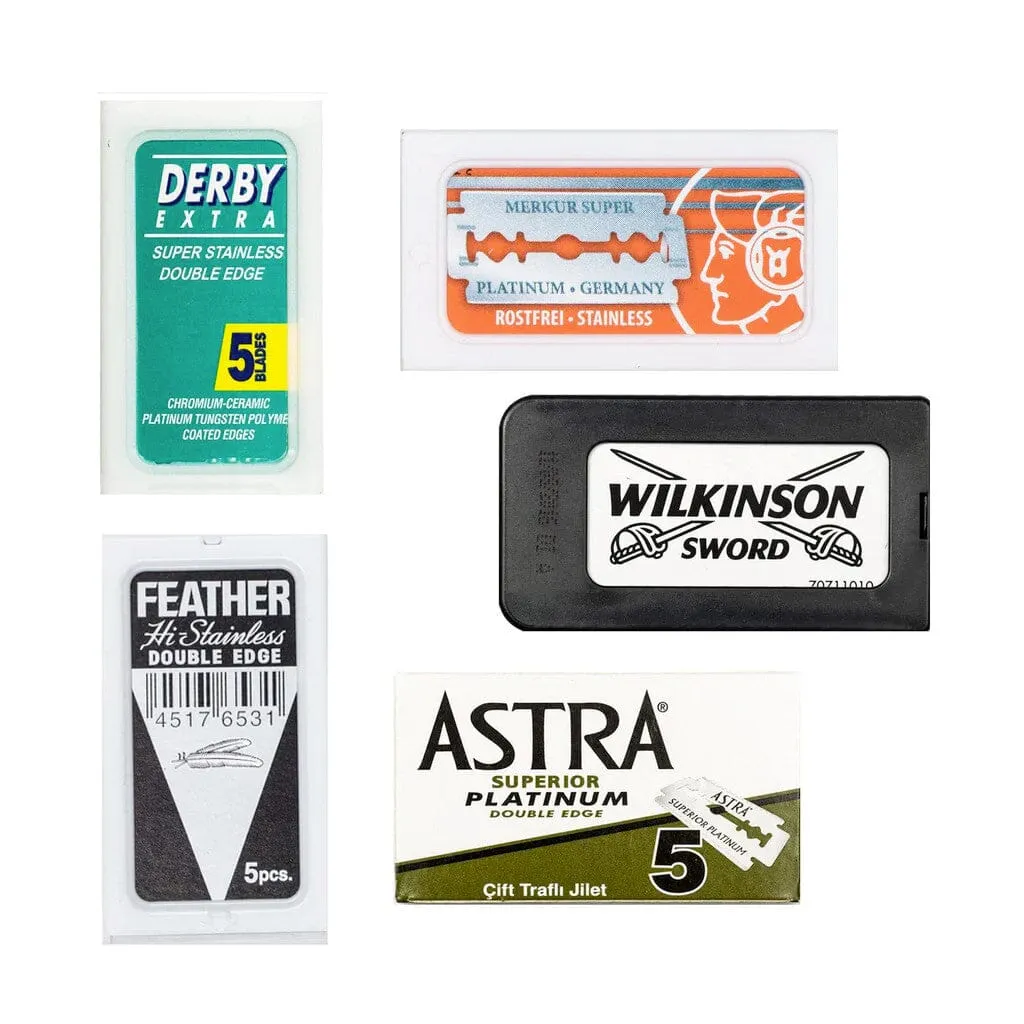 50pc Razor Blade Sampler: Merkur, Astra, Wilkinson, Black Feather and Derby