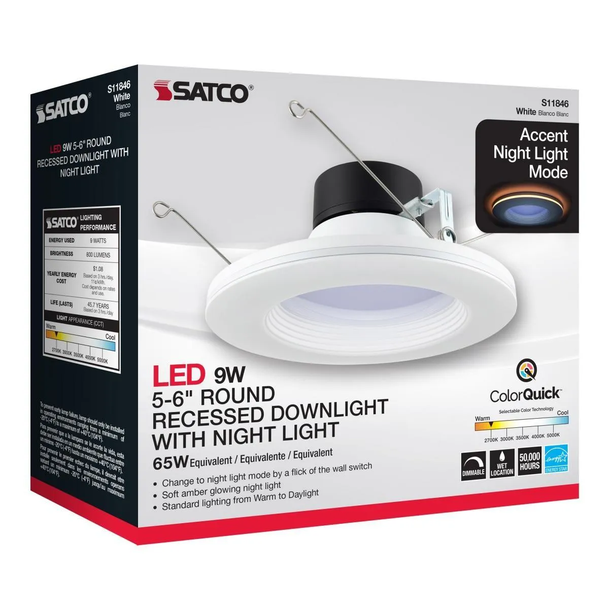 5/6 inch Deep Baffle LED Recessed Can Light with Night Light, 9 Watts, 800 Lumens, Selectable CCT