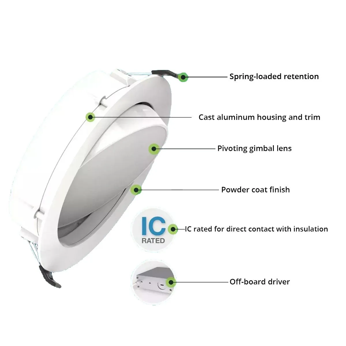 6" Gimbal Wafer LED Canless Recessed Light, 1100 Lumens, Selectable 2700K to 5000K, White Finish