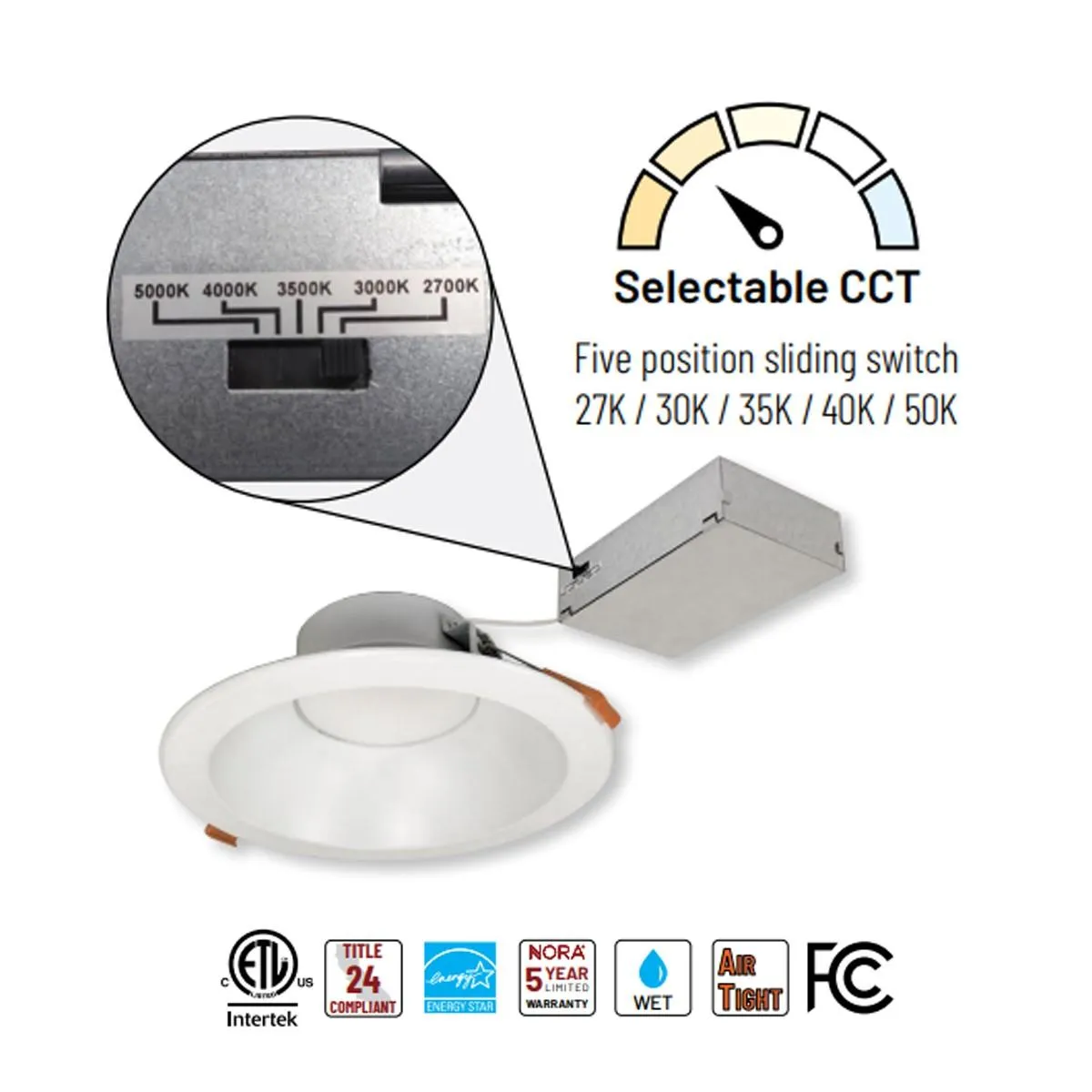 6" Theia Canless LED Downlight, 15 Watts, 1400 Lumens, 27K|30K|35K|40K|50K, White Finish