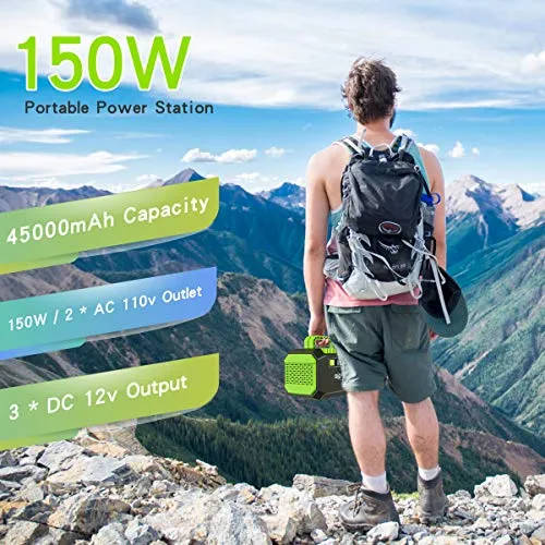 Aiper 150W Portable Power Station 167Wh 45000mAh Solar Generator Lithium Battery Backup Power supply with Dual 110V AC Outlet, 3 DC Ports, 2 USB Outputs for Home Emergency Camping Outdoors