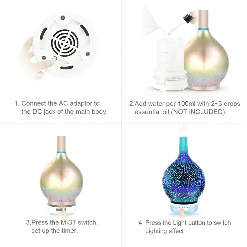 Air Humidifier 3D Firework Glass Vase Shape with 7 Color Led Night Light Aroma Essential Oil Diffuser Mist Maker Ultrasonic Humi