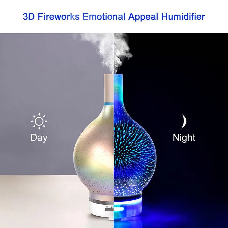 Air Humidifier 3D Firework Glass Vase Shape with 7 Color Led Night Light Aroma Essential Oil Diffuser Mist Maker Ultrasonic Humi