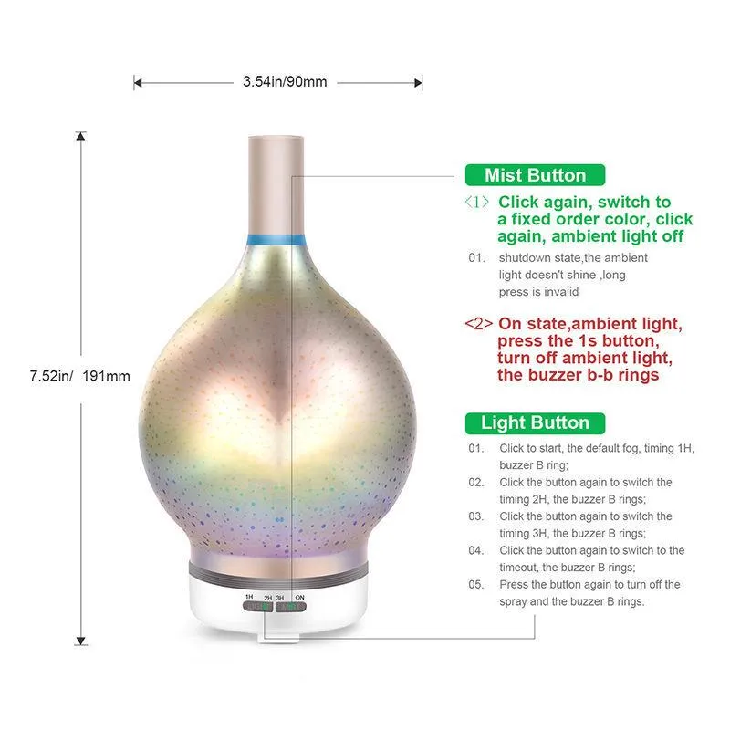 Air Humidifier 3D Firework Glass Vase Shape with 7 Color Led Night Light Aroma Essential Oil Diffuser Mist Maker Ultrasonic Humi