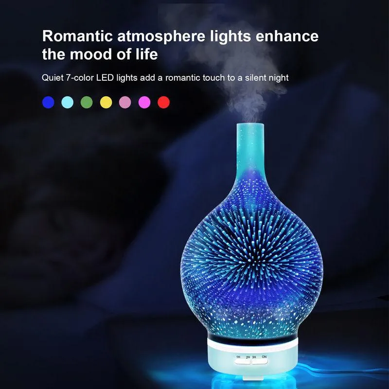 Air Humidifier 3D Firework Glass Vase Shape with 7 Color Led Night Light Aroma Essential Oil Diffuser Mist Maker Ultrasonic Humi