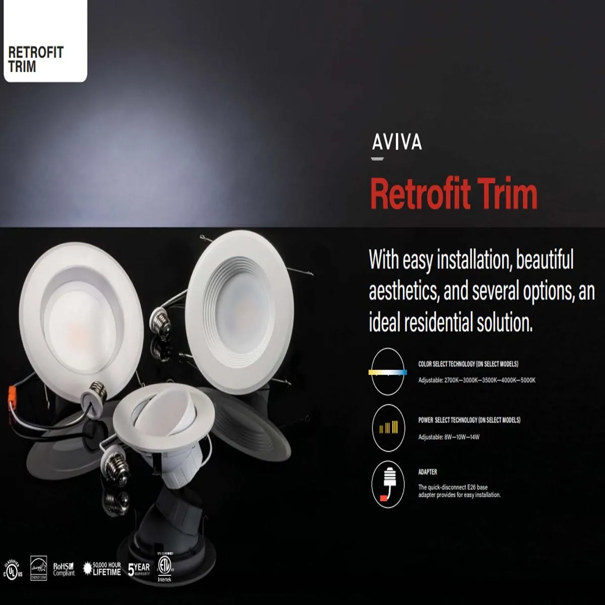 Aviva 4" LED Recessed Can Light, 8 Watts, 700 Lumens, 27K|30K|35K|40K|50K, Smooth Trim