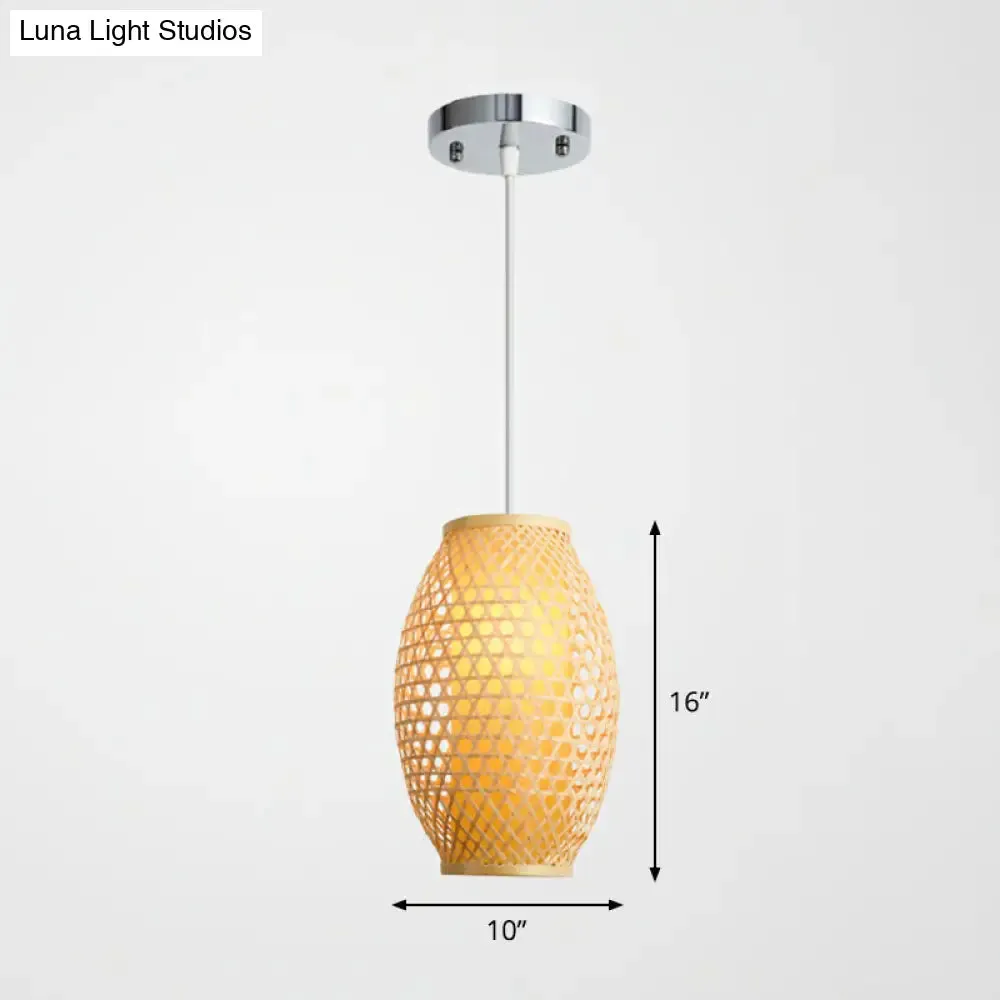 Bamboo Asian Hanging Lamp: Oval Restaurant Suspension Light in Beige