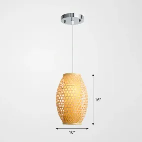 Bamboo Asian Hanging Lamp: Oval Restaurant Suspension Light in Beige