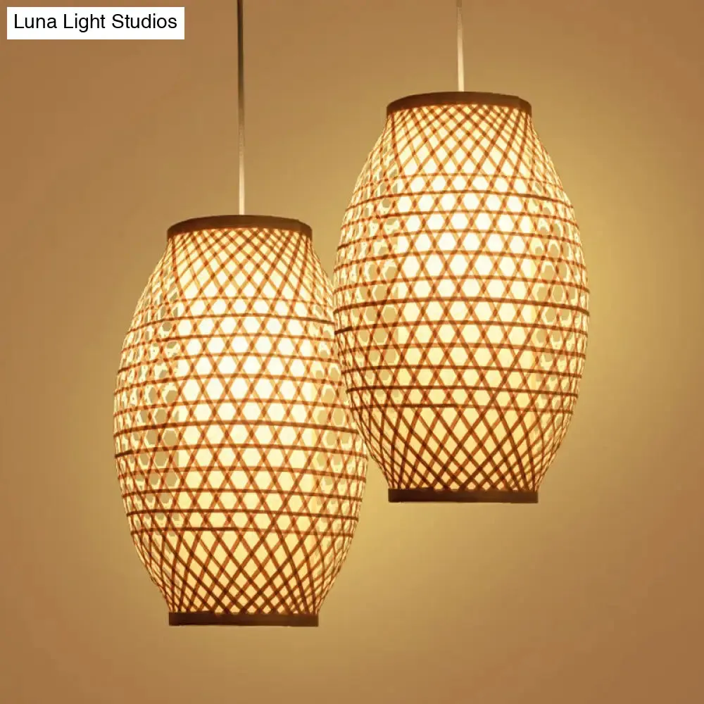 Bamboo Asian Hanging Lamp: Oval Restaurant Suspension Light in Beige