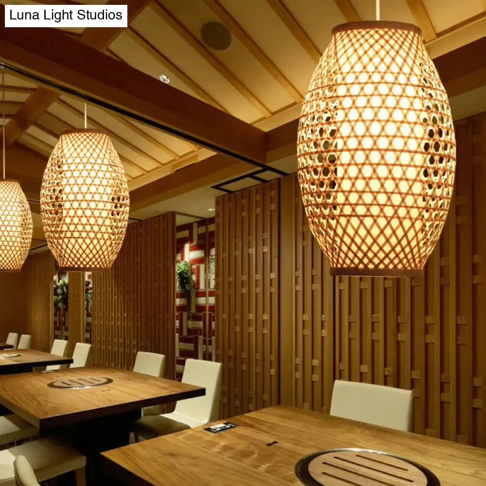 Bamboo Asian Hanging Lamp: Oval Restaurant Suspension Light in Beige