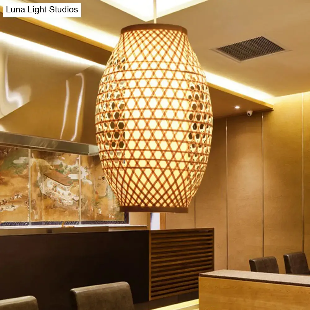 Bamboo Asian Hanging Lamp: Oval Restaurant Suspension Light in Beige