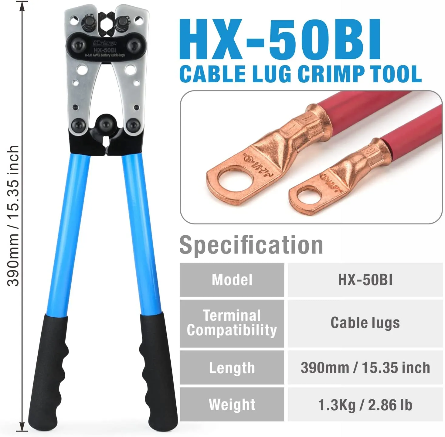 Battery Cable Lug Crimping Tool for 8, 6, 4, 2, 1, 1/0 AWG Heavy Duty Wire Lugs, Battery Cable End with Wire Shear Cutter