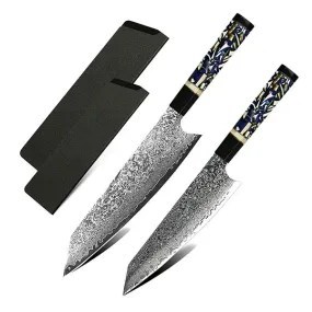 Blue Mammoth VG-10 Damascus Steel 8" & 6" Kiritsuke Knife Set with ABS blade overs - Raindrop Pattern