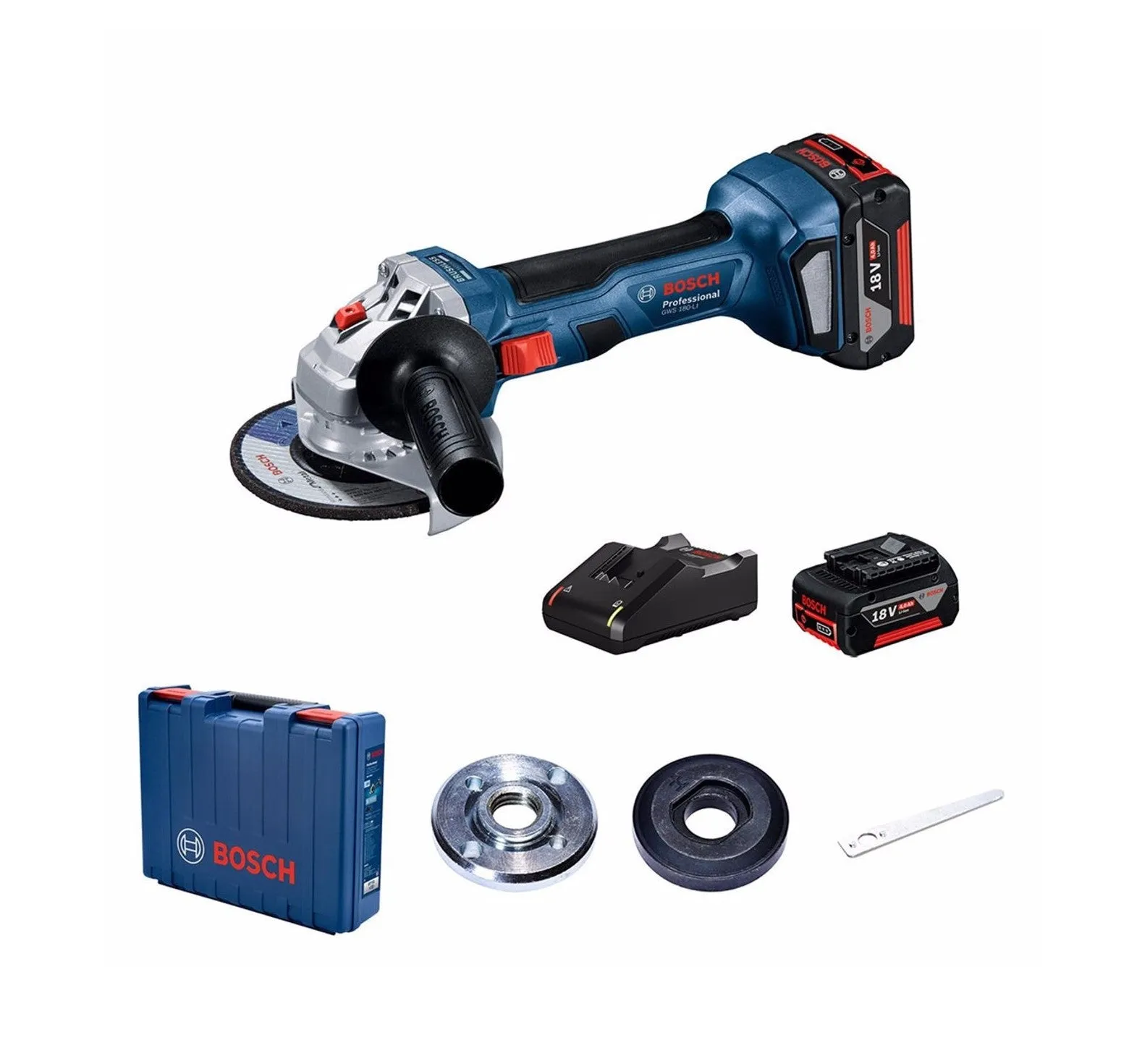 Bosch Professional | Cordless Angle Grinder GWS 180-LI   2 x 4Ah Batteries   Charger