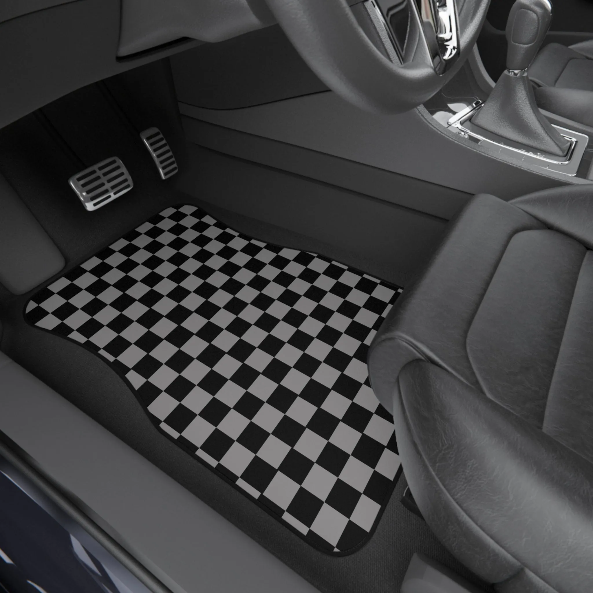 Checkered Floor Mat for Car Mats Set of 4, Polyester Anti Slip Car Mat for Floors Gray Black Checkered