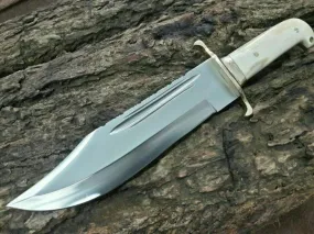 Custom Handmade 16" D2 Steel Hunting Bowie Knife with Bone Handle, Brass Guard, and Leather Sheath