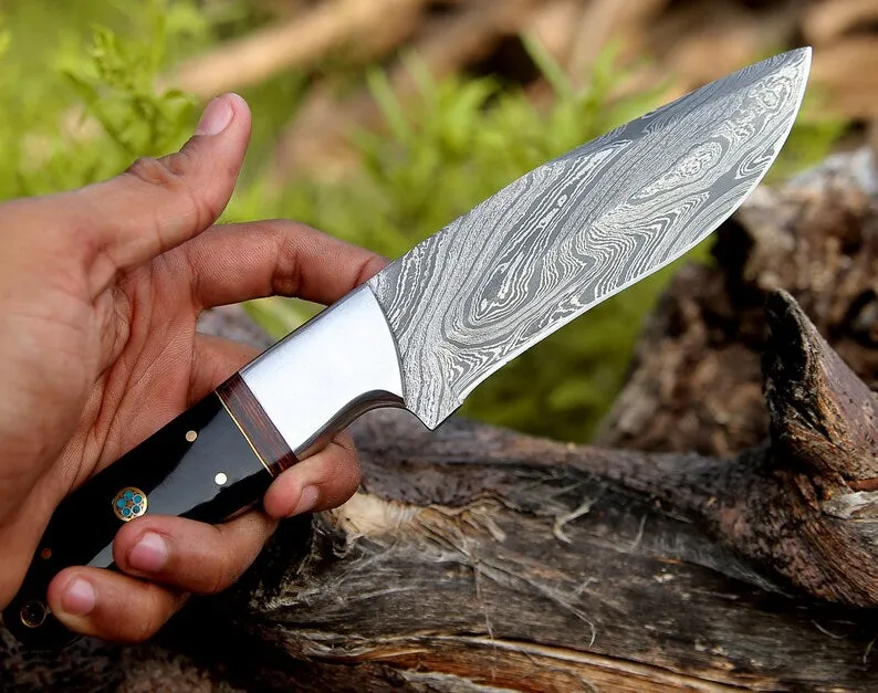 Custom Handmade Damascus Hunting Knife - Rosewood & Buffalo Horn Handle, Steel Bolster, 9" Blade with Leather Sheath