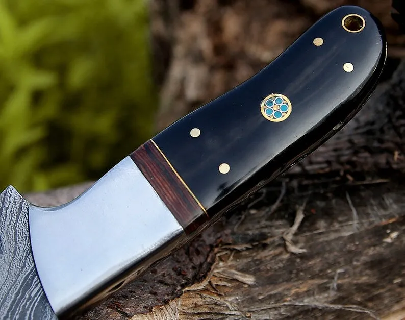 Custom Handmade Damascus Hunting Knife - Rosewood & Buffalo Horn Handle, Steel Bolster, 9" Blade with Leather Sheath