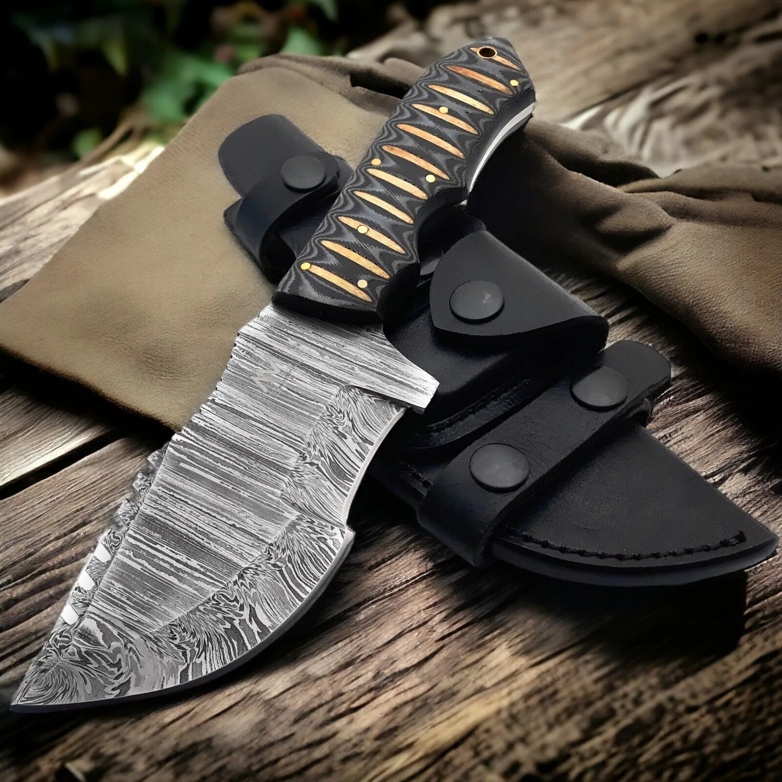 Custom Handmade Damascus Steel Tom Brown Tracker Knife – 10" Full Tang Forged Damascus Hunting Knife with Leather Sheath