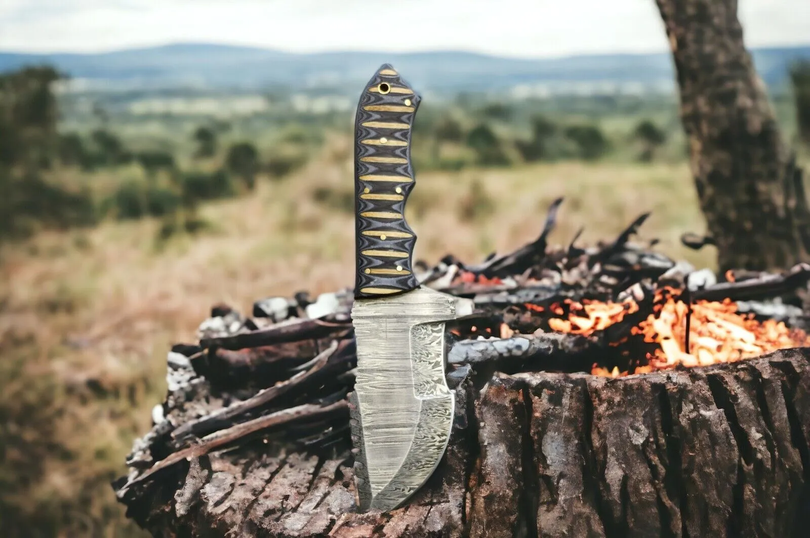 Custom Handmade Damascus Steel Tom Brown Tracker Knife – 10" Full Tang Forged Damascus Hunting Knife with Leather Sheath