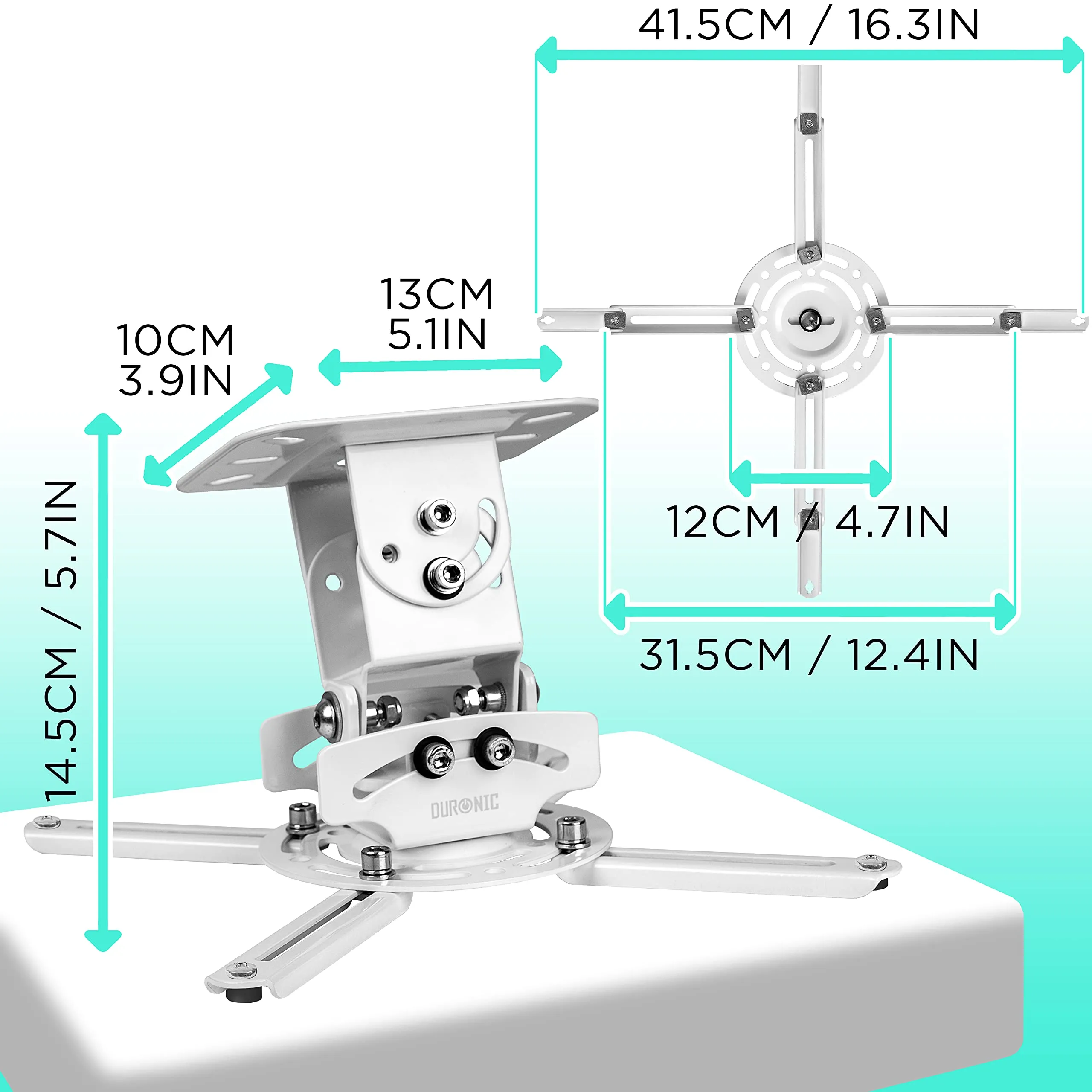 Duronic Projector Mount Stand for Ceiling or Wall Bracket PB05XB | 13.6kg Capacity | Universal Heavy Duty Adjustable Clamp | Tilt Swivel Rotate | White