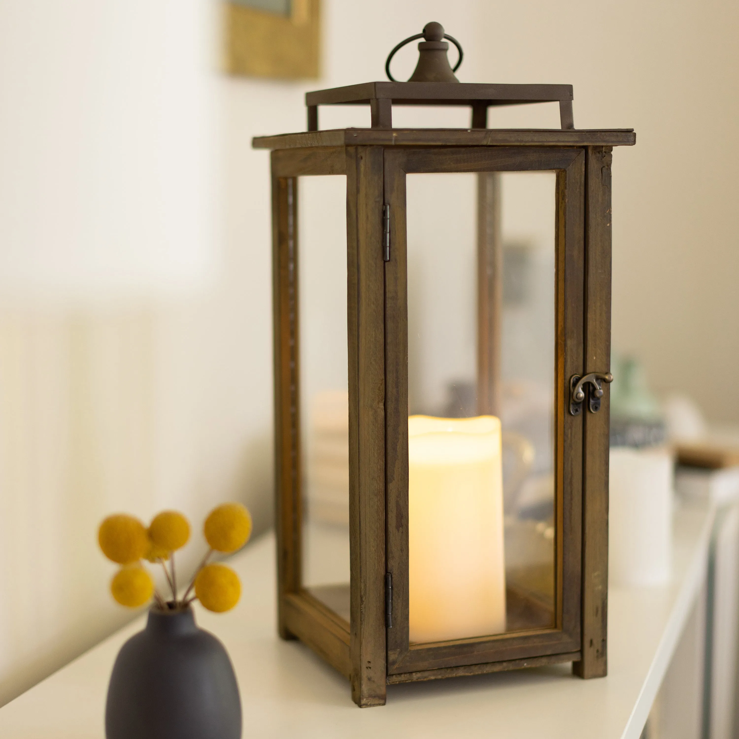 Extra Large Rustic Wood Lantern - 18 Inch Hurricane Candle Lantern