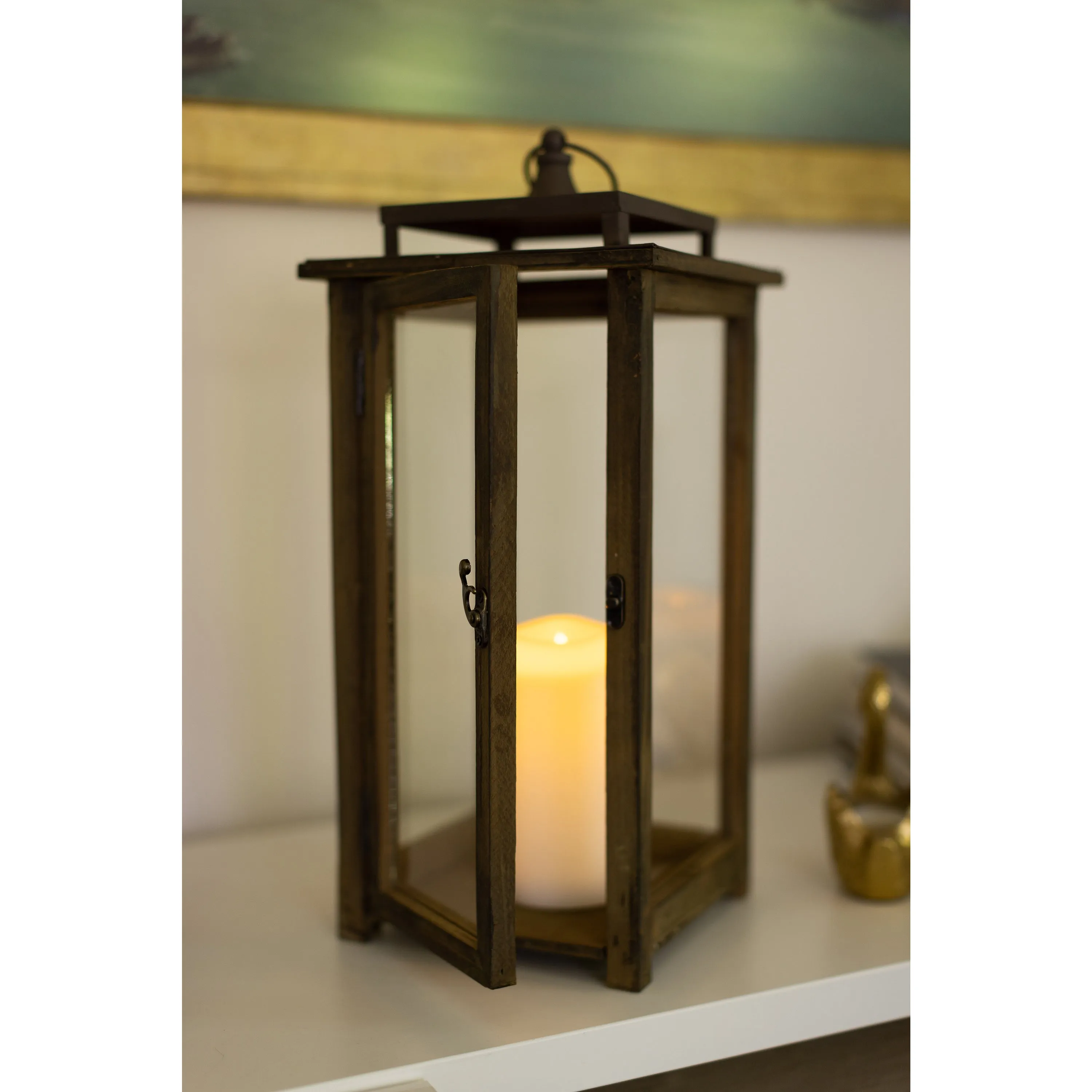 Extra Large Rustic Wood Lantern - 18 Inch Hurricane Candle Lantern