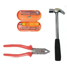 Hand Toolkit Set - Claw Hammer Steel Shaft Shock resistant rubber grip   5 Blades Combination Screw Driver Set with Tester   Combination Plier with Joint Cutter