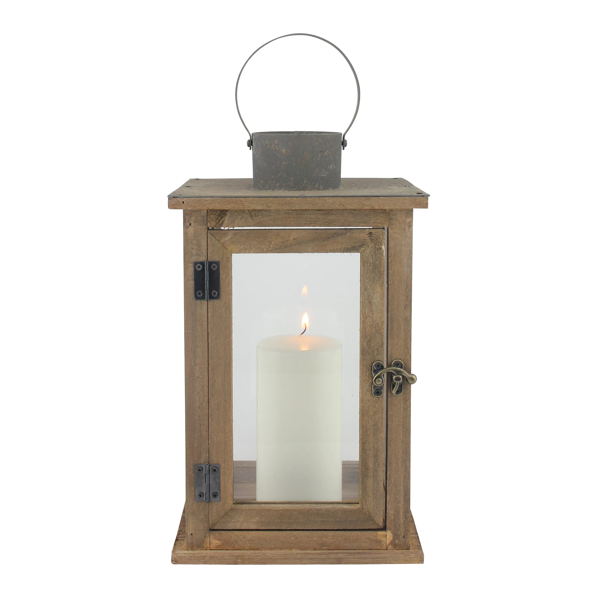 Large Rustic Wood Lantern - 13 Inch Hurricane Candle Lantern