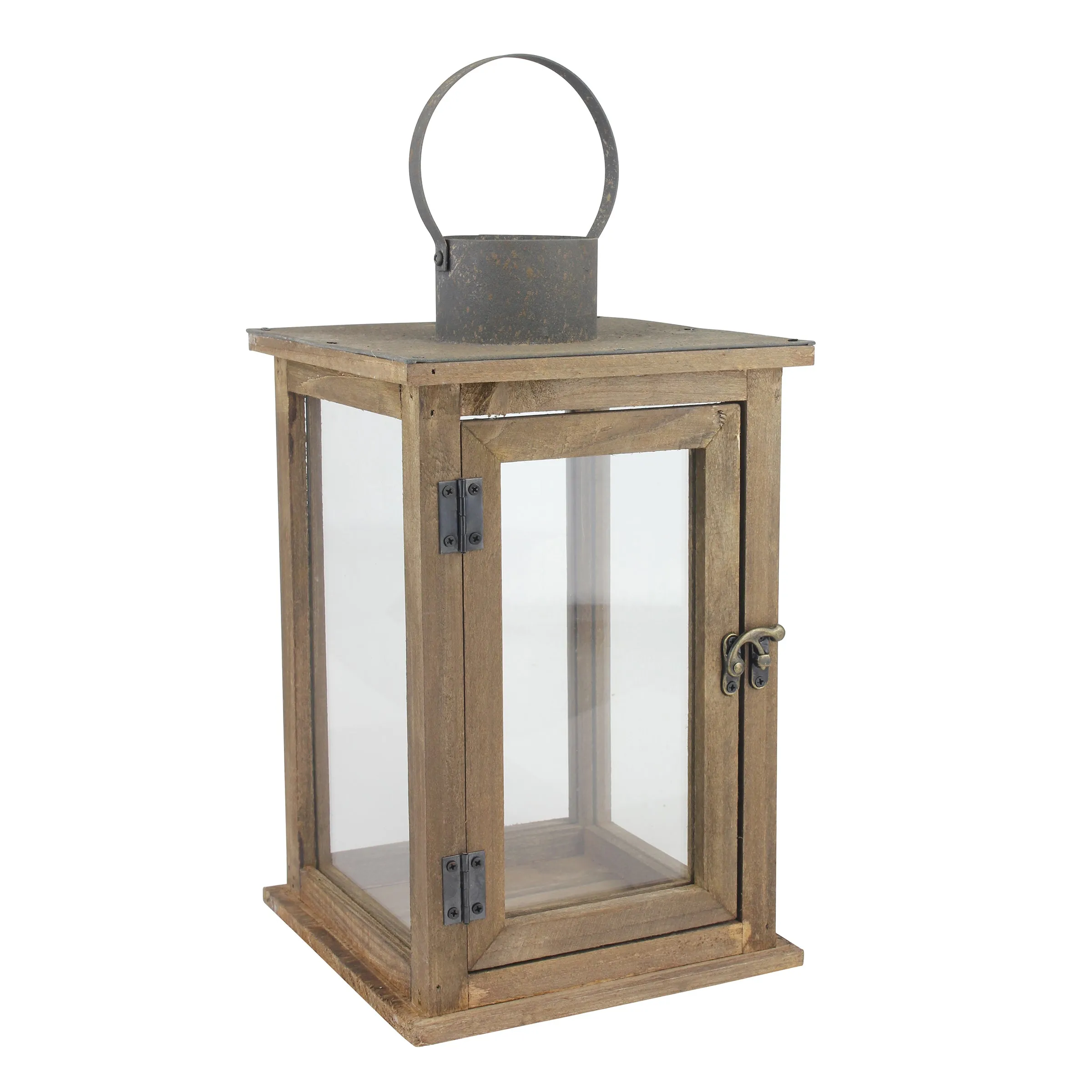 Large Rustic Wood Lantern - 13 Inch Hurricane Candle Lantern