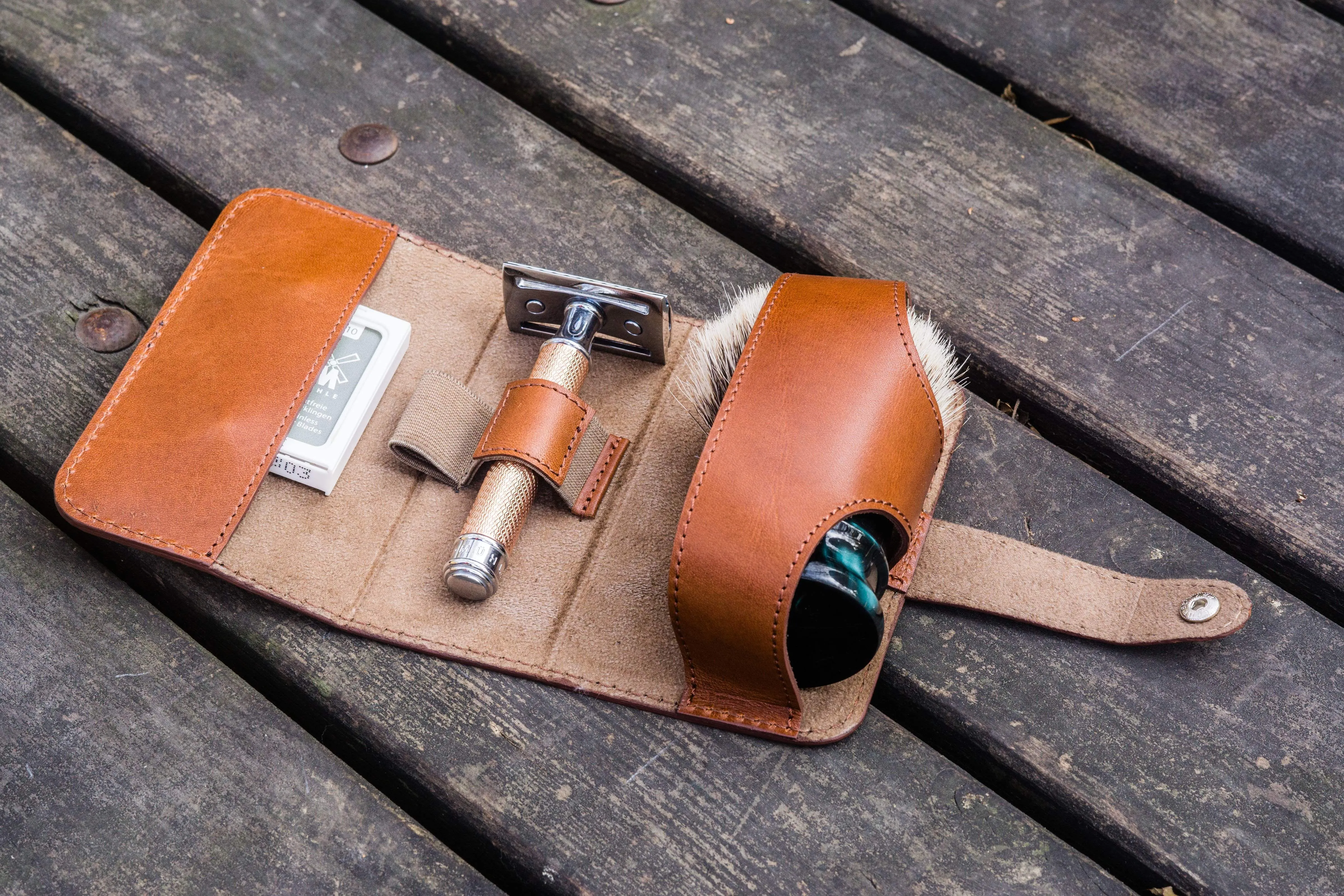 Leather Shaving Travel Kit - Brown