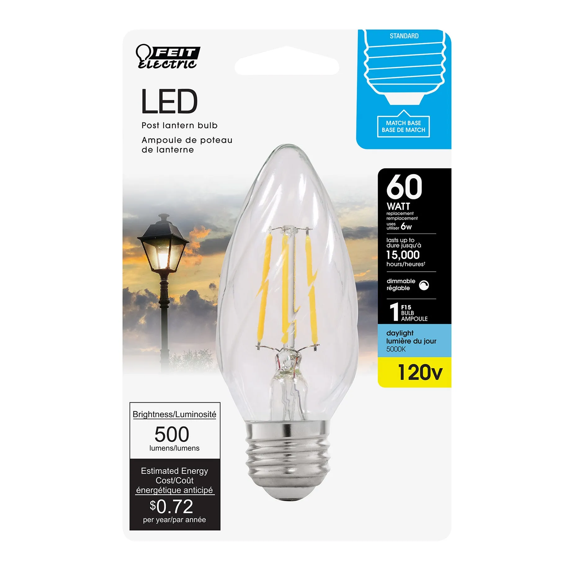 LED Light Bulb, 60Watt, F15 , E26, Glass Filament, Post Lantern Bulb, 500 Lumens