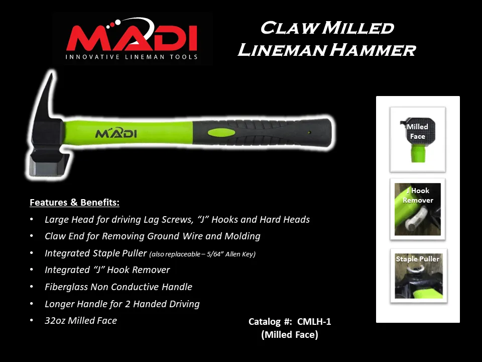 MADI Lineman Large Milled Head Claw Hammer - CMLH-1