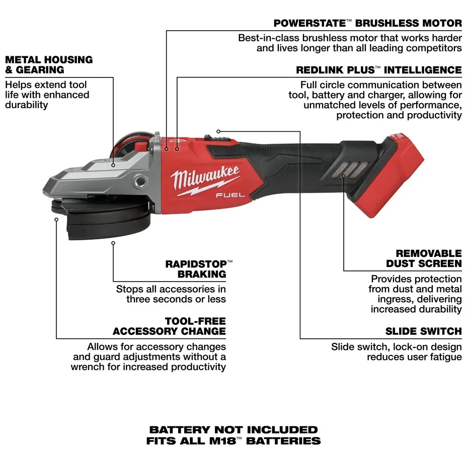 Milwaukee 2887-20 M18 FUEL™ 5" Flathead Braking Angle Grinder with Slide Switch Lock-On (Tool Only)