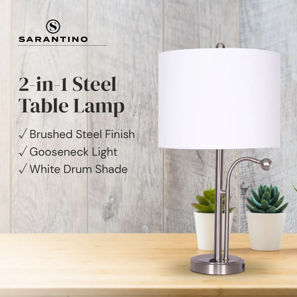 Modern Brushed Steel 2-in-1 Table Lamp w/ LED Light