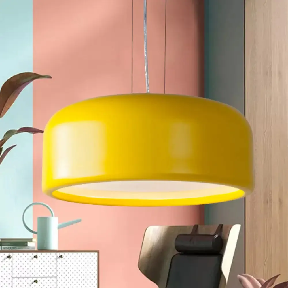 Modernist 1-Light Bedroom Pendant with Drum Metal Shade and Diffuser, 14"/19"/23.5" Wide - Pink/Blue/Green Hanging Light Kit