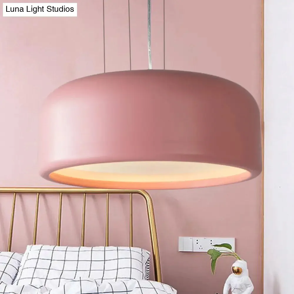 Modernist 1-Light Bedroom Pendant with Drum Metal Shade and Diffuser, 14"/19"/23.5" Wide - Pink/Blue/Green Hanging Light Kit