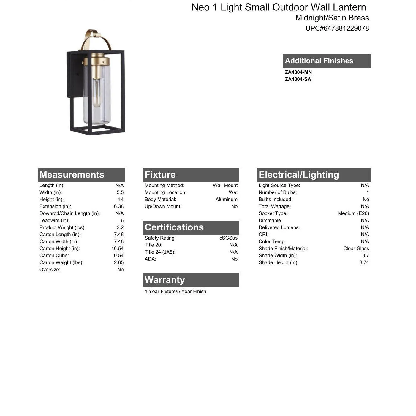 Neo 1 Light Small Outdoor Wall Lantern in Midnight/Satin Brass