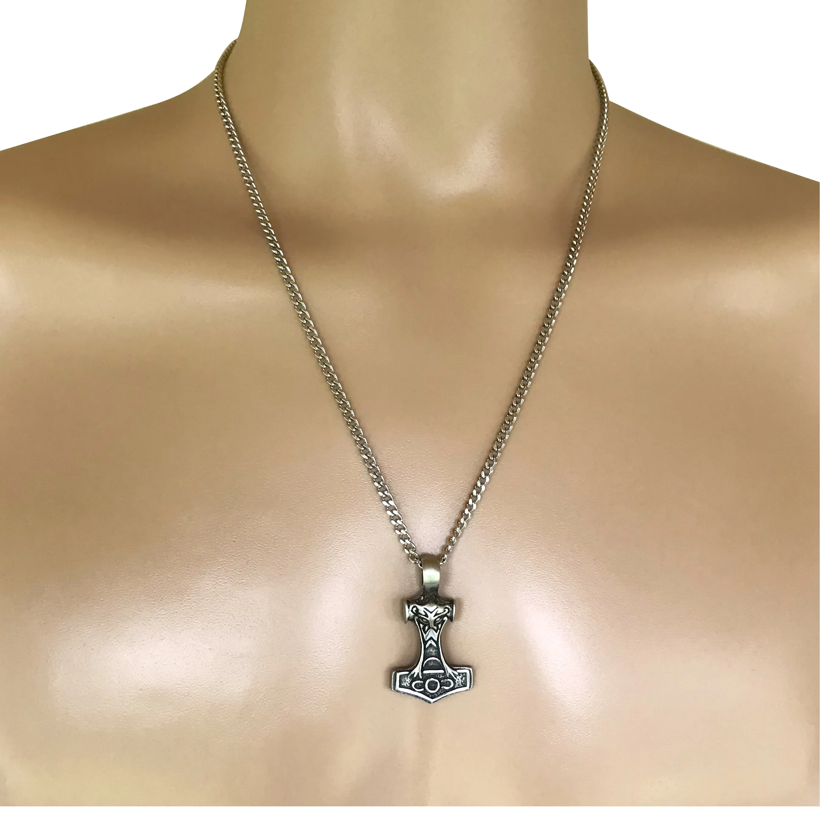 Pewter Thors Hammer Mjolnir Pendant with Extra Large Bail, on Men's Heavy Curb Chain Necklace, 24"