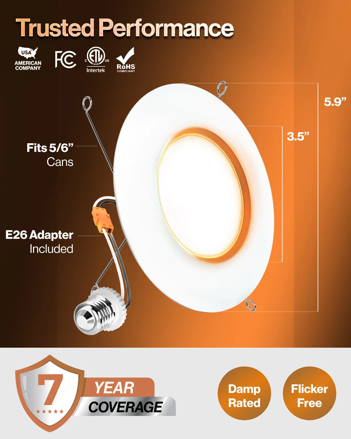 Recessed LED Retrofit Lighting, 4 Inch, Night Light, Baffle, Selectable CCT, 770 Lumens