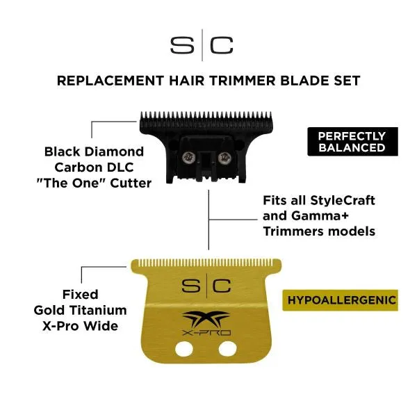 Stylecraft Fixed Gold Titanium X-Pro Wide Hair Trimmer Blade with Black Diamond Carbon DLC The One Cutter Set