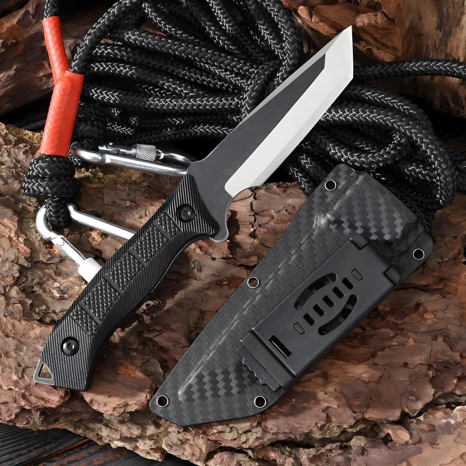 Survival Knife with Kydex Sheath,9.84" Full Tang Fixed Blade Camping Knife with Sheath Horizontal & Vertical,Bushcraft Knife with ABS Handle Outdoor