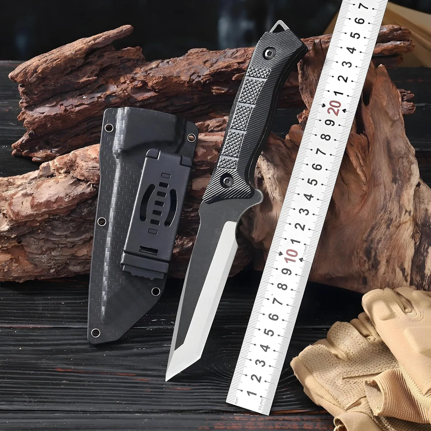 Survival Knife with Kydex Sheath,9.84" Full Tang Fixed Blade Camping Knife with Sheath Horizontal & Vertical,Bushcraft Knife with ABS Handle Outdoor