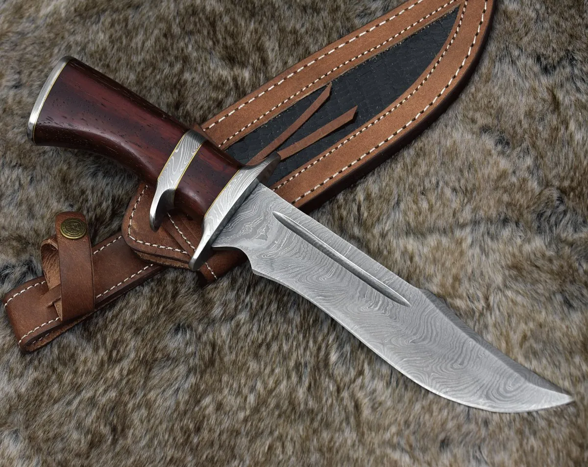 Tide Damascus Bowie Knife with Exotic Red Heart Wood Handle & Sheath