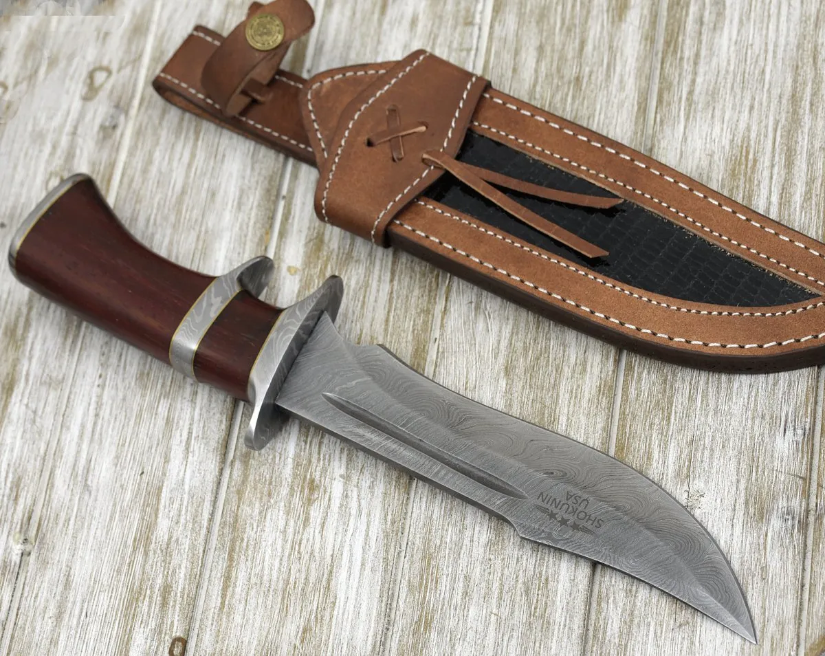 Tide Damascus Bowie Knife with Exotic Red Heart Wood Handle & Sheath