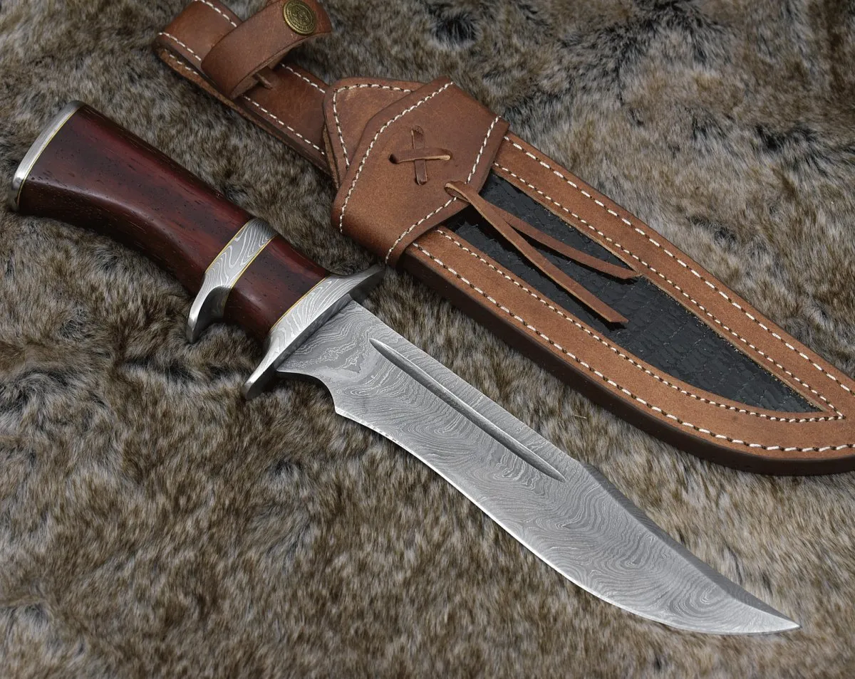 Tide Damascus Bowie Knife with Exotic Red Heart Wood Handle & Sheath